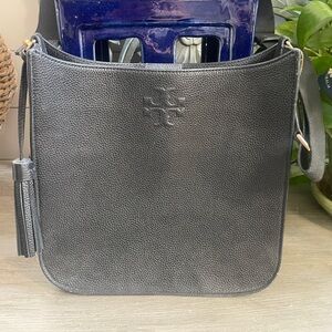 Tory Burch Large Thea Web Black Pebbled Leather Crossbody/Shoulder Bag.